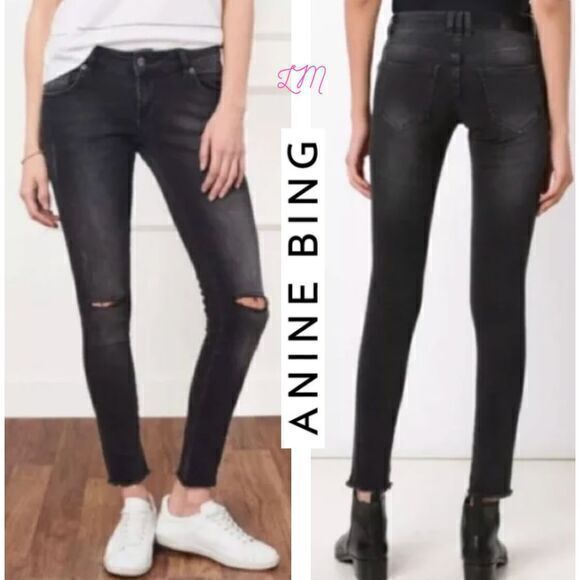 Anine Bing NWOT Faded Black Mid Rise Knee‎ Slits Frayed Hem Skinny Jeans 25 - Picture 1 of 12